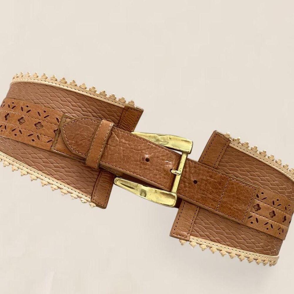 Leatherock leather wide chunky buckle waist belt western boho tan cognac size S - Picture 2 of 8